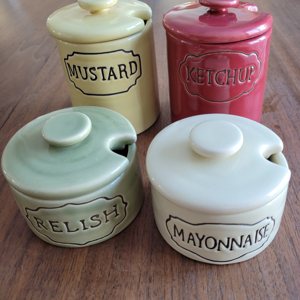 Pottery Barn Ceramic Condiment Jar Set - Red, Yellow, Green, Cream